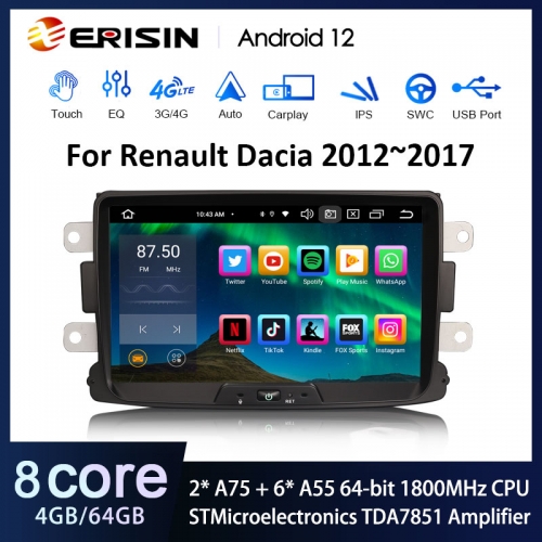 Erisin ES8529D 8" A007 Android 12.0 Car Radio For Renault Dacia Duster Logan Sandero Dokker DSP CarPlay & Auto GPS TPMS DAB+ 4G SIM IPS BT5.0